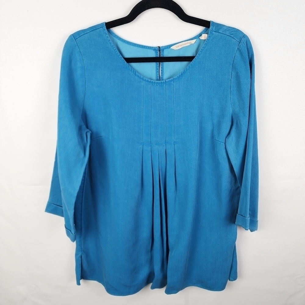 NWT Soft Surroundings Blue Pin Tuck‎ 3/4 Sleeve Blouse Size Small